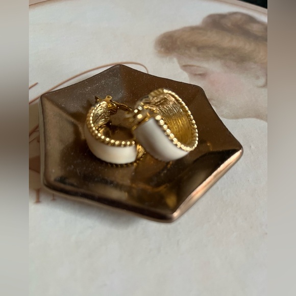 Trifari Gold and Cream Hoop Earrings - Picture 6 of 6